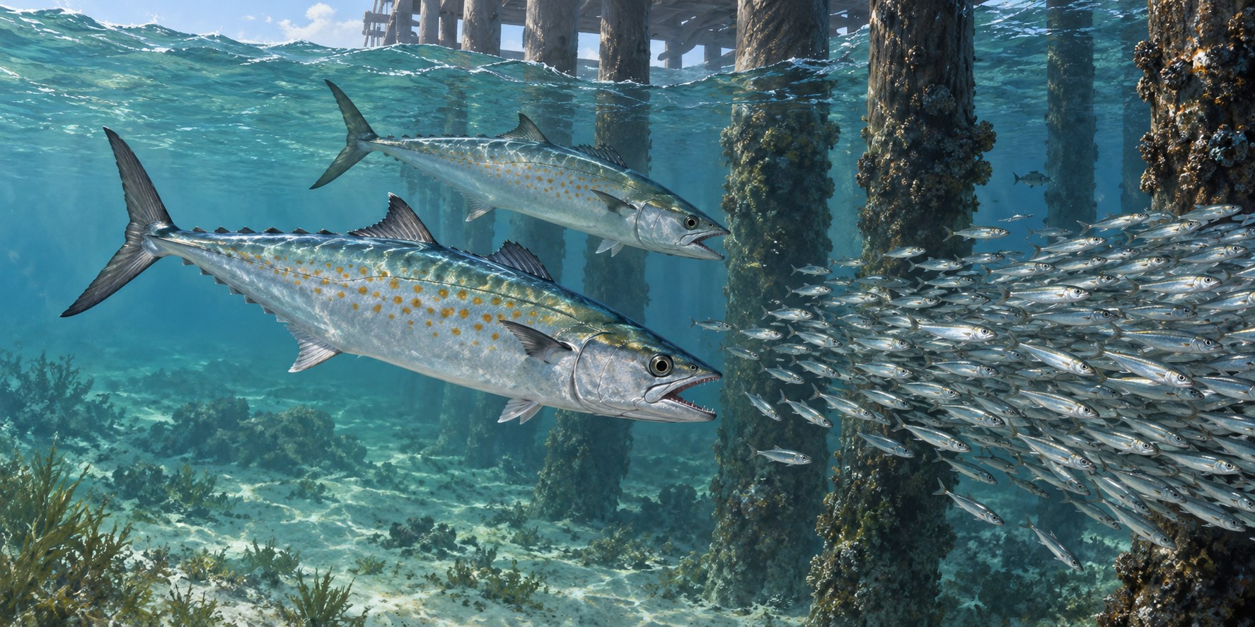 Illustration of a Spanish mackerel moving through small baitfish near pier habitat