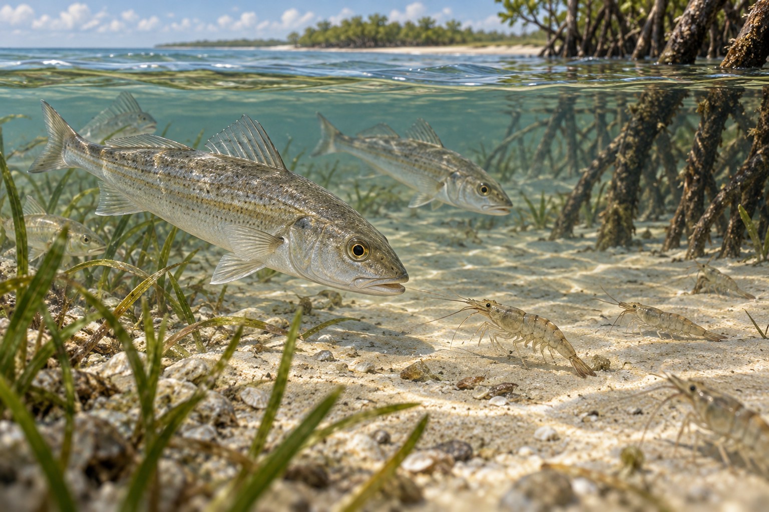 Habitat illustration showing whiting approaching shrimp above sand