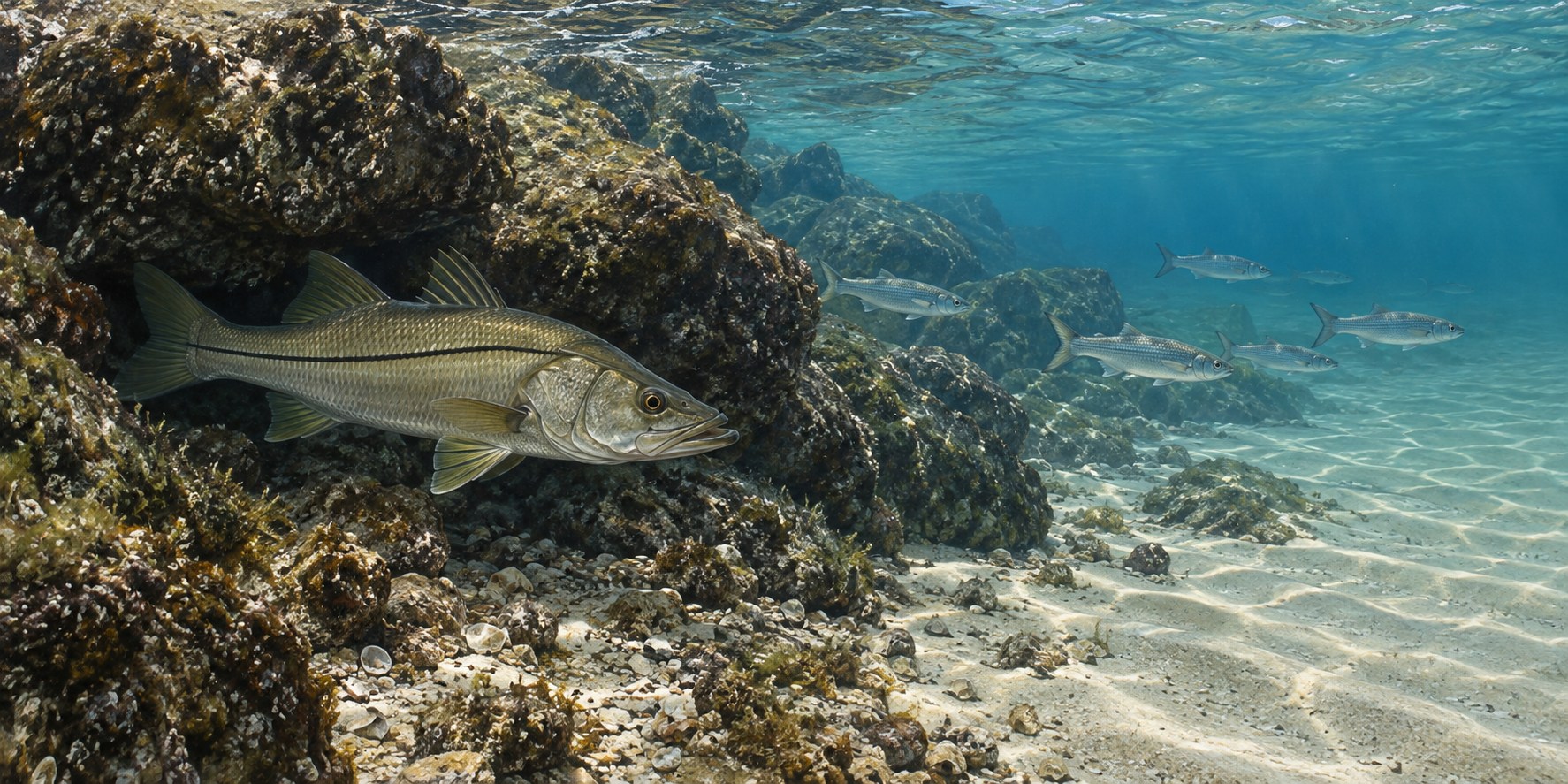 Illustration of a snook beside submerged coastal rocks and moving water