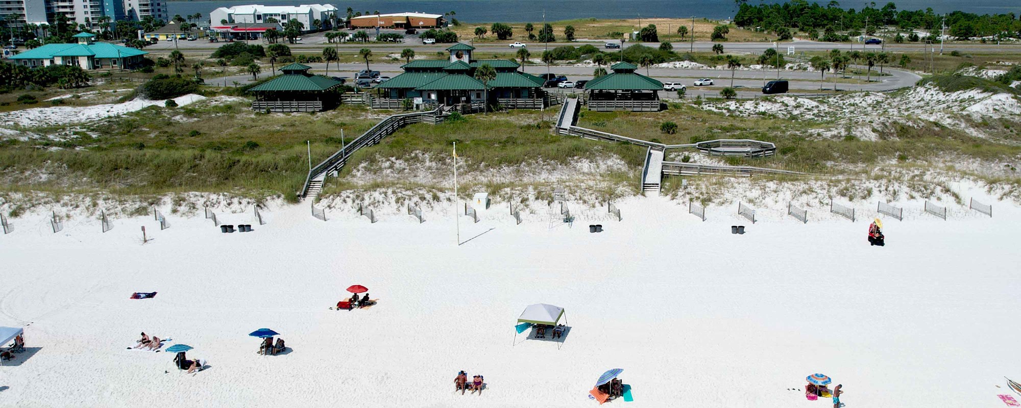 Aerial view of John Beasley Park boardwalks and Gulf beach