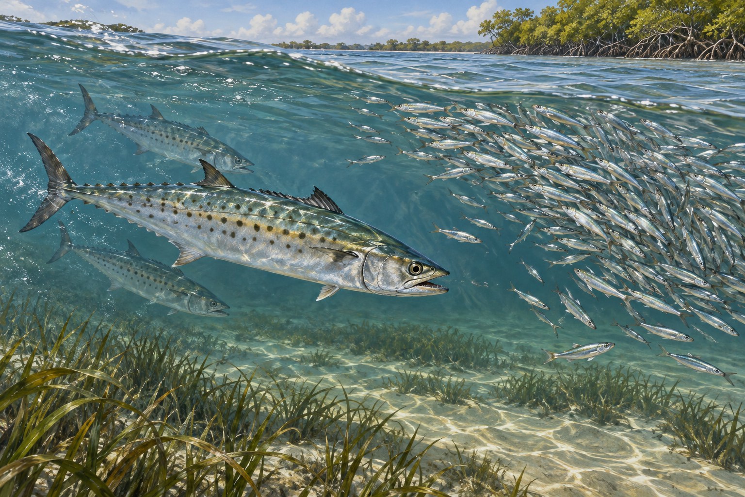 Habitat illustration showing Spanish mackerel beside a loose silvery bait school
