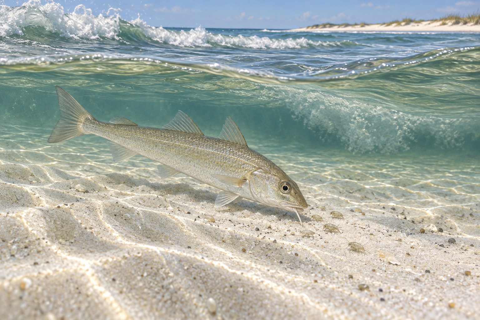 Habitat illustration of a whiting feeding on small crustaceans in a sandy Gulf surf trough