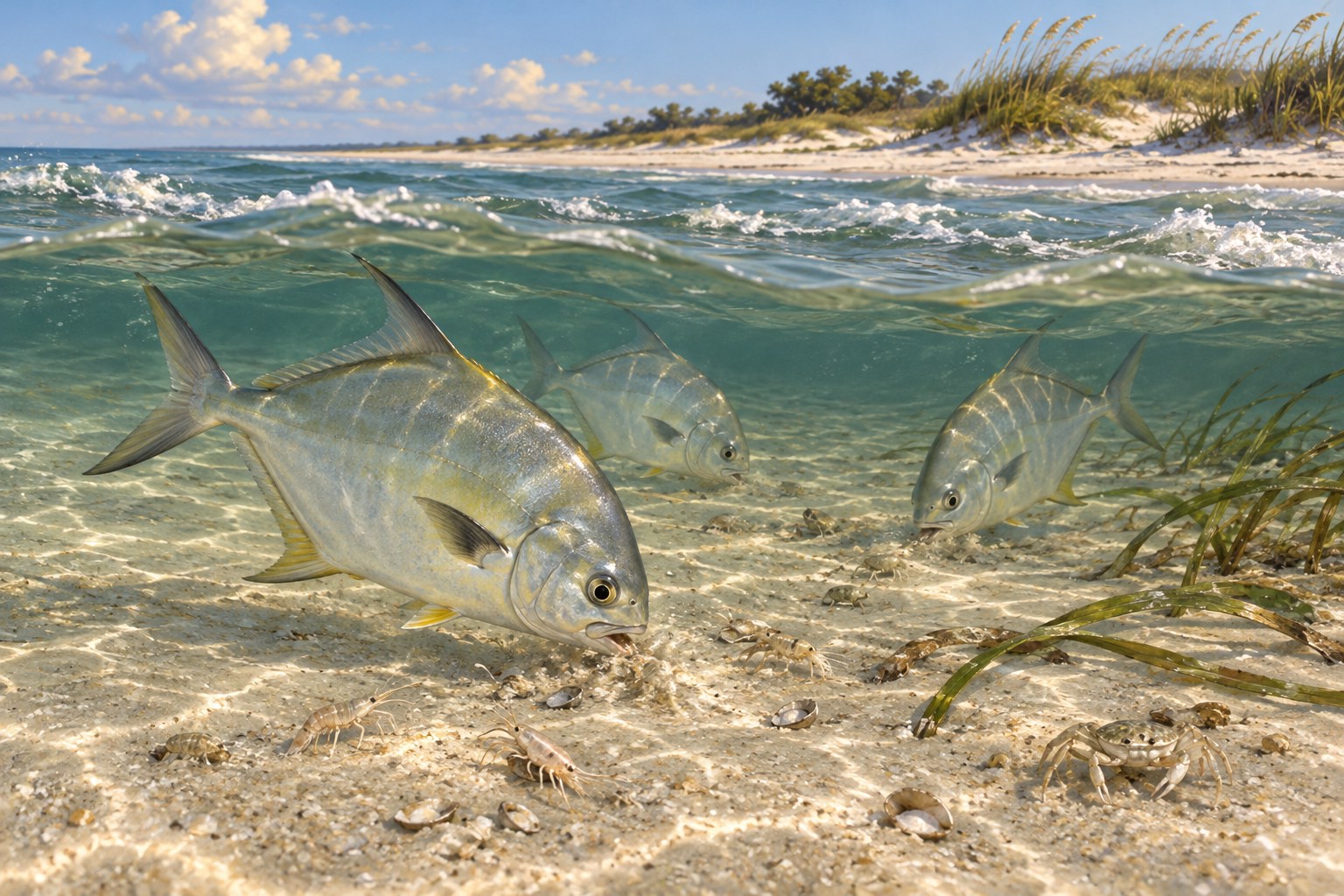 Habitat illustration showing coastal fish feeding beside small surf crustaceans