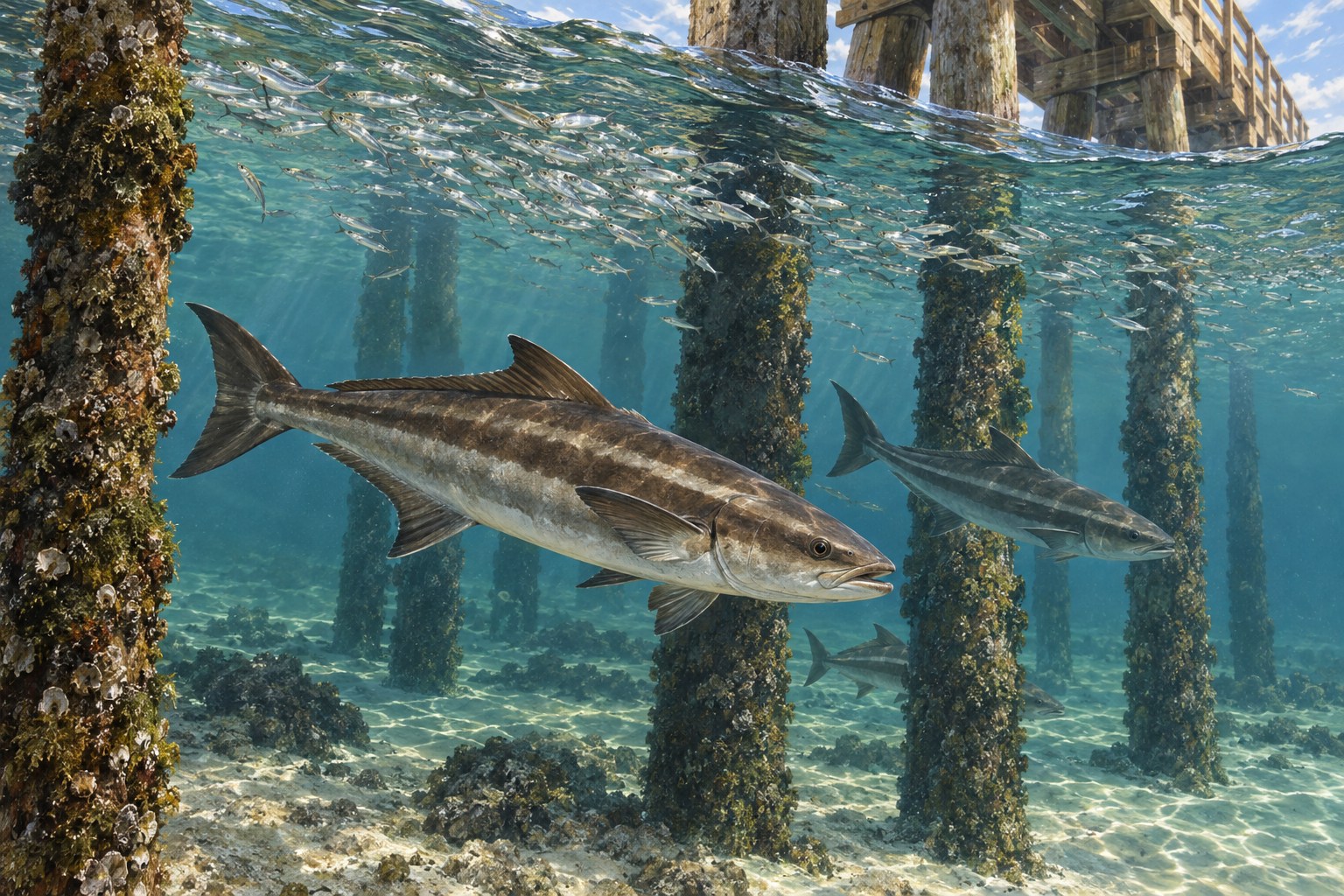 Habitat illustration showing cobia swimming below scattered baitfish beside wooden fishing pier pilings