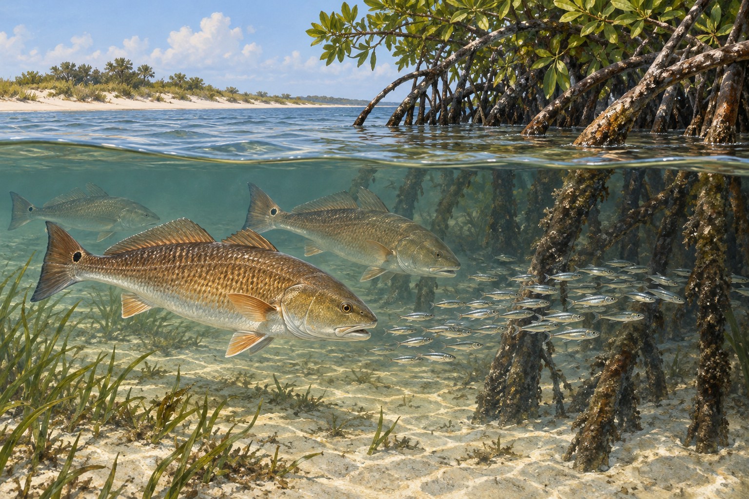 Habitat illustration showing redfish following a small baitfish near island mangroves