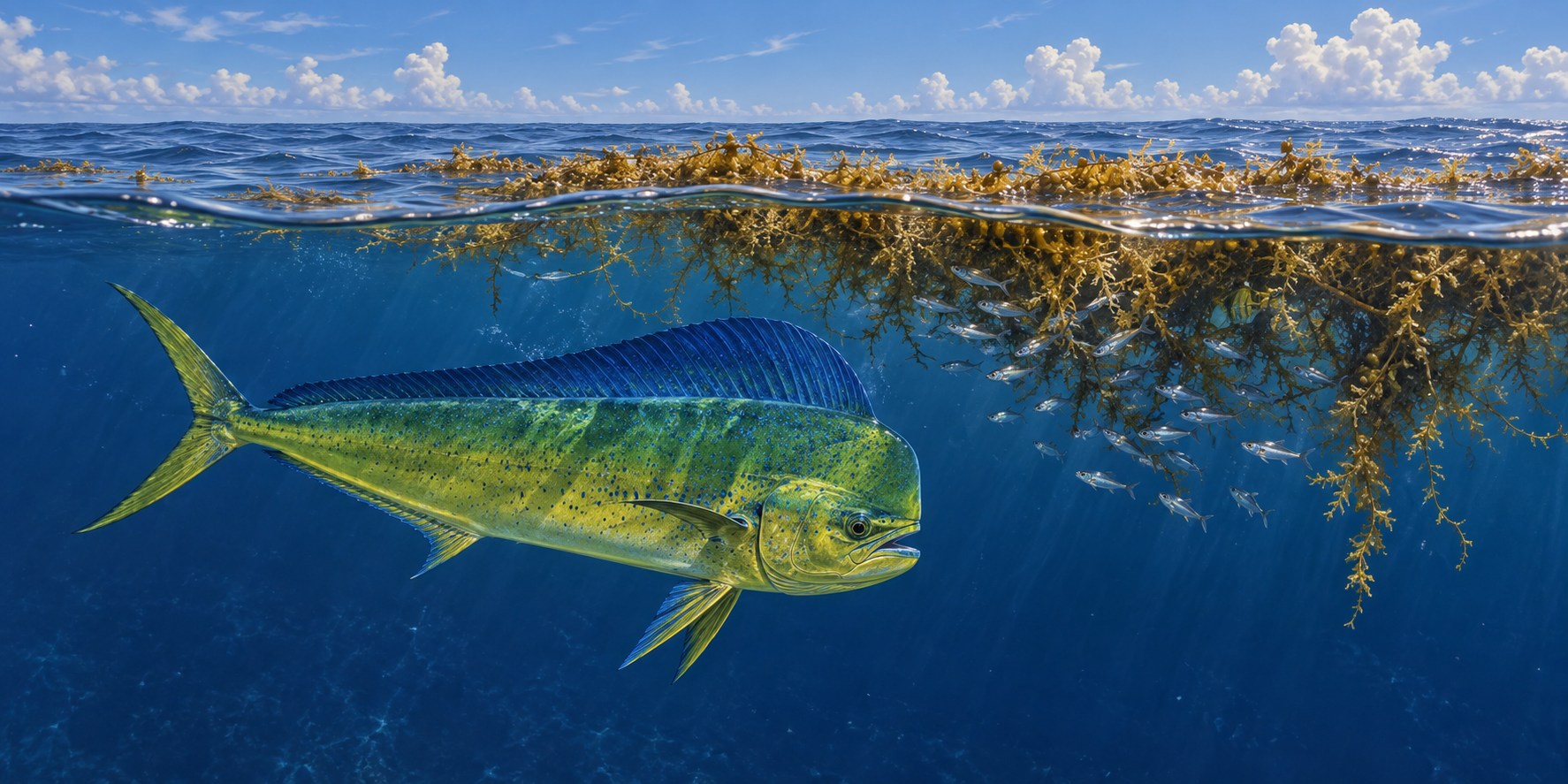 Habitat illustration of a mahi-mahi beneath floating sargassum with small baitfish in deep blue water