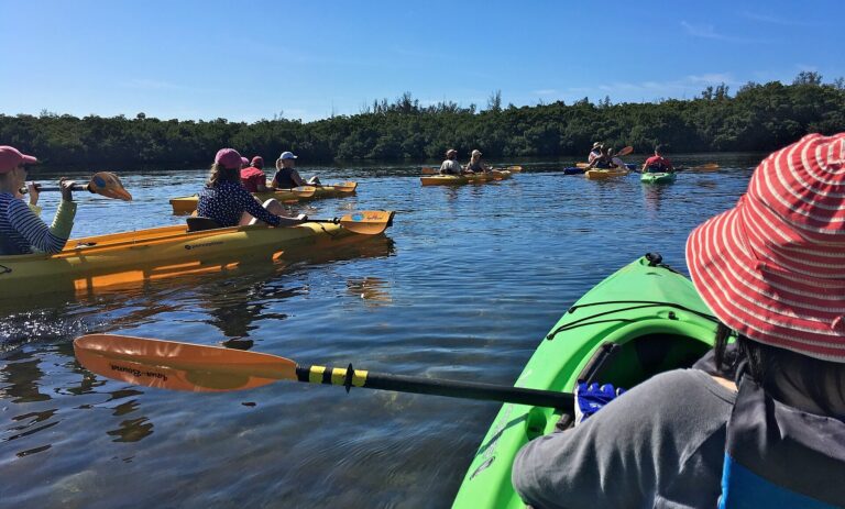Kayakers paddling open lagoon water near Lido Keys mangroves in April 2017