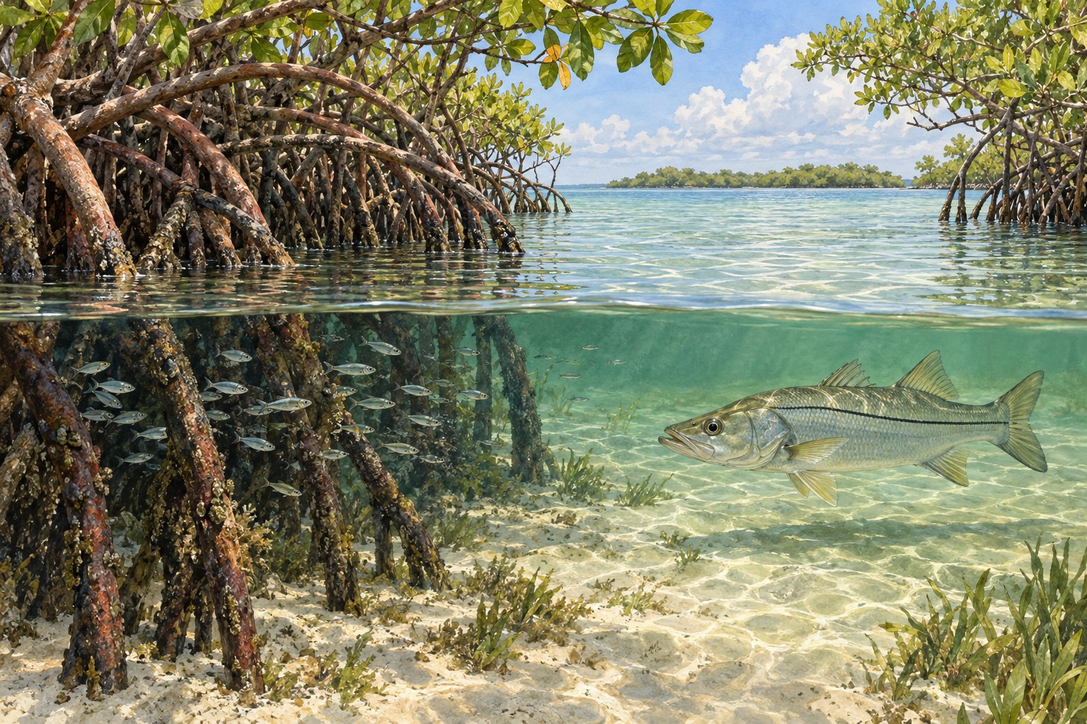 Habitat illustration of a snook and small baitfish near the shaded mouth of a mangrove tunnel