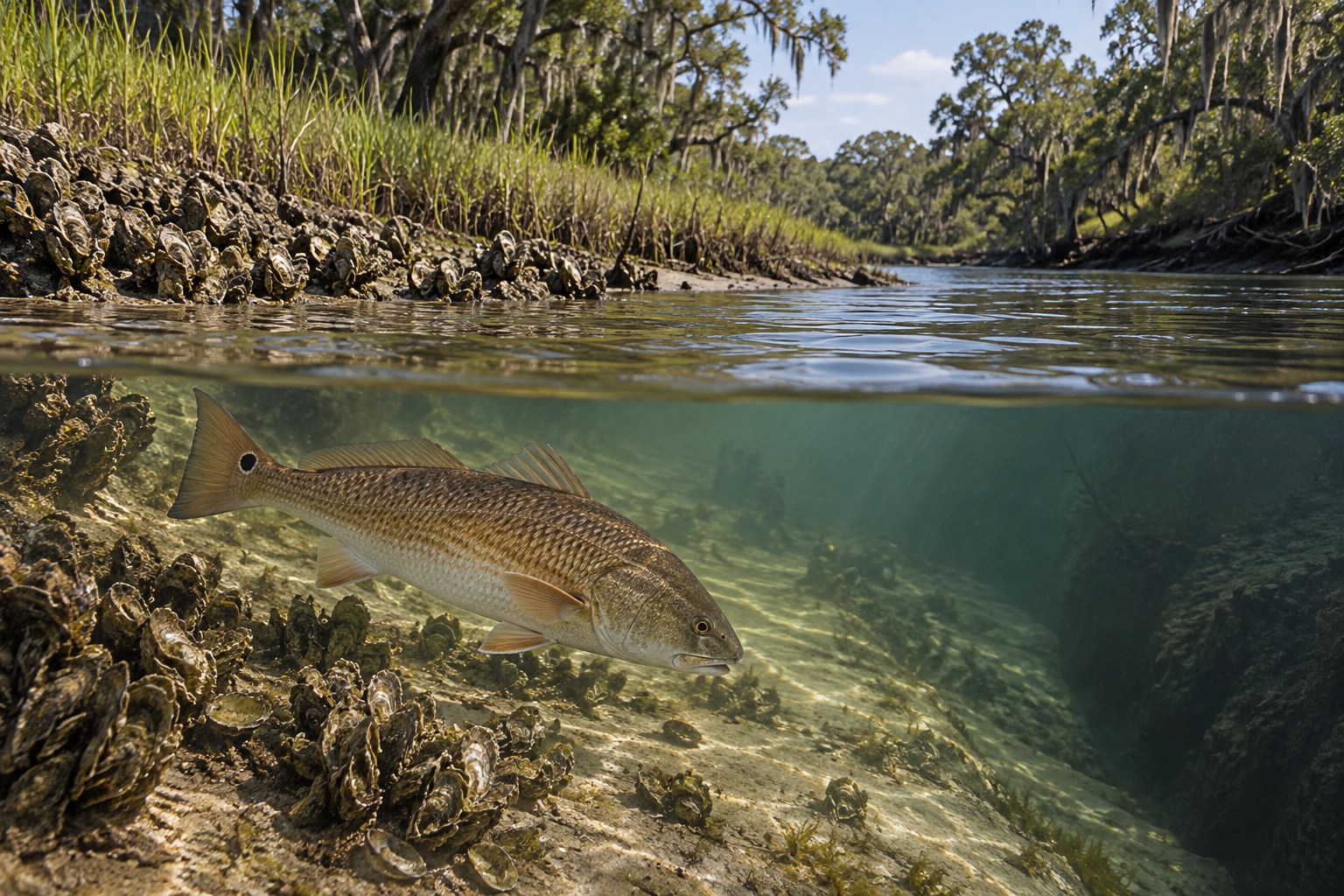 Redfish swimming beside a salt-marsh edge in a tidal creek habitat illustration