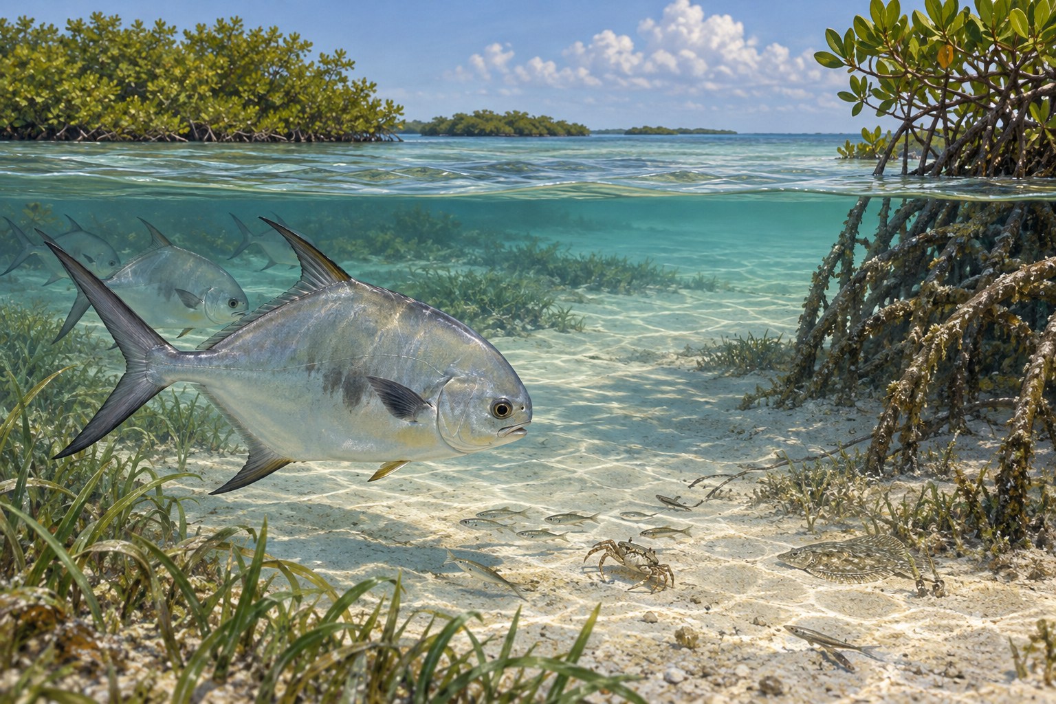 Habitat illustration showing coastal fish crossing a sand opening near a shallow channel
