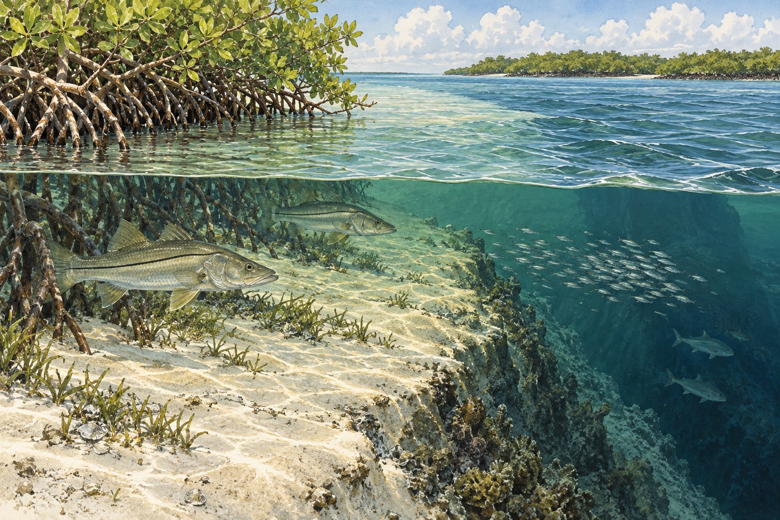 Habitat illustration of snook beside a mangrove point where a sandy ledge meets deeper tidal water
