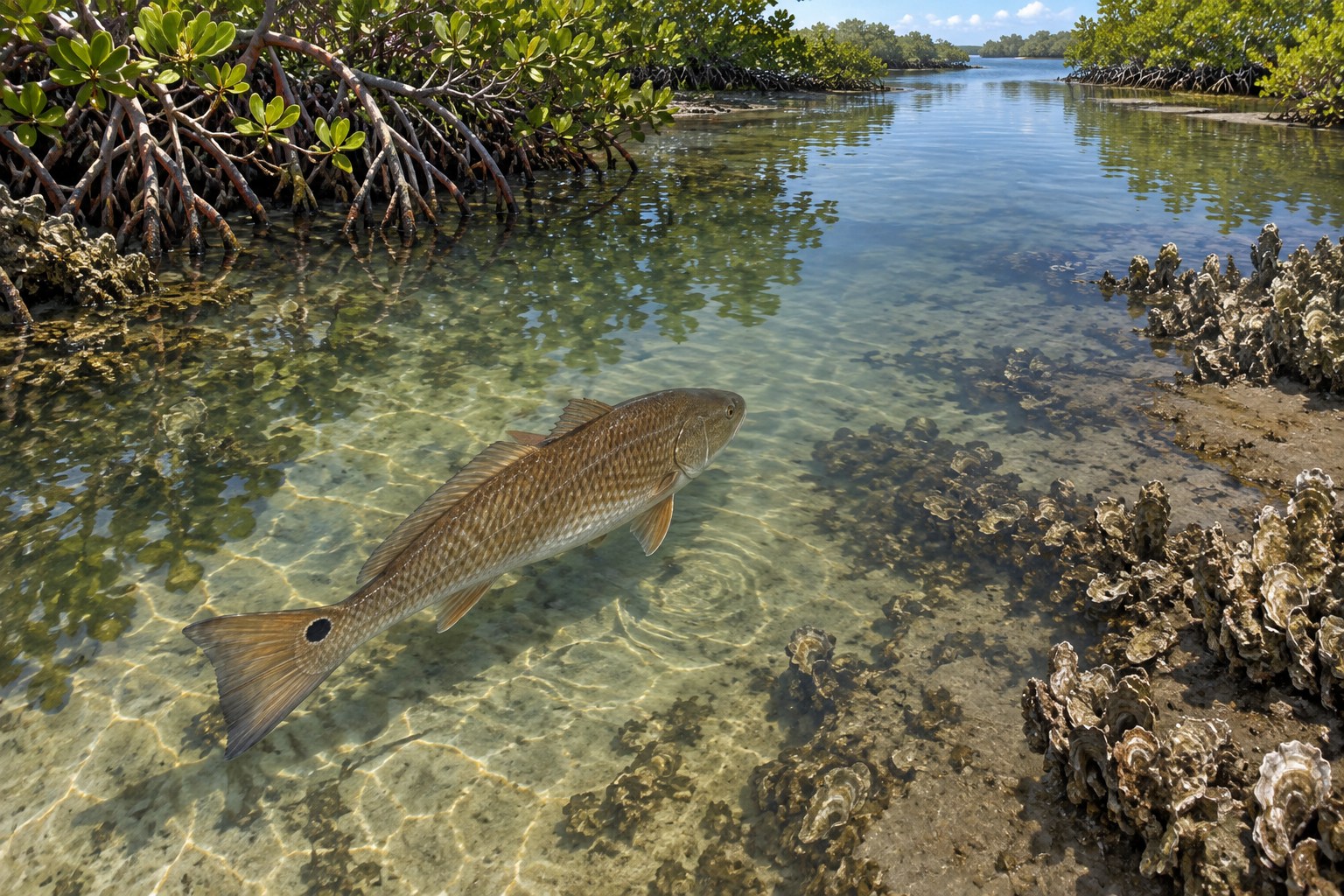 Habitat illustration of a redfish near the mouth of a mangrove creek with shallow grass and deeper moving water