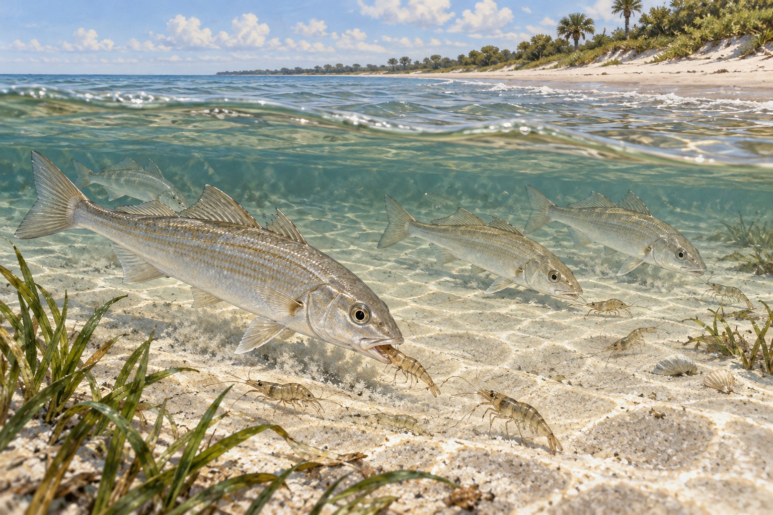 Habitat illustration showing whiting taking shrimp over clean beach sand