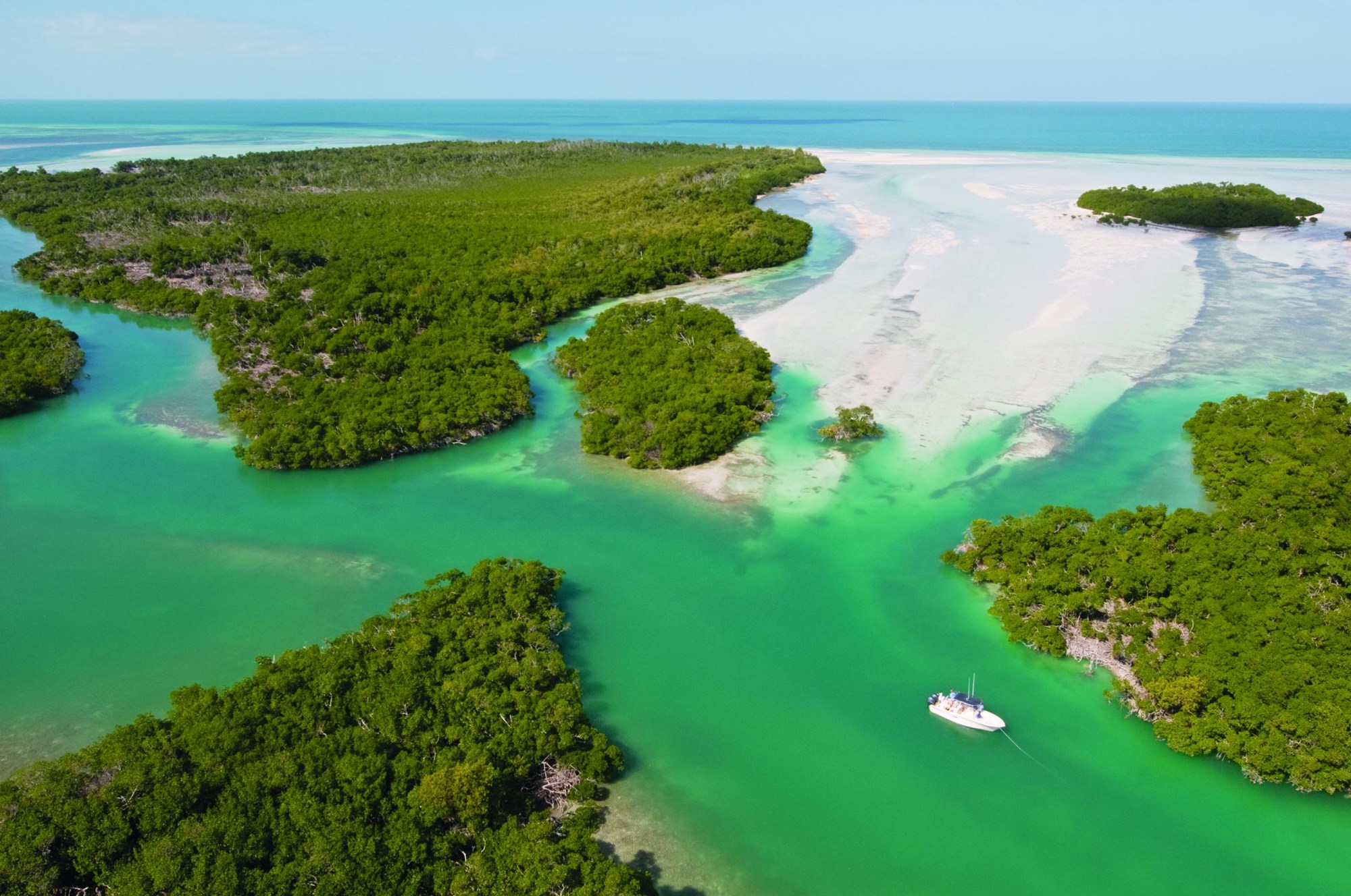 Aerial view of mangrove islands and turquoise Lower Keys channels