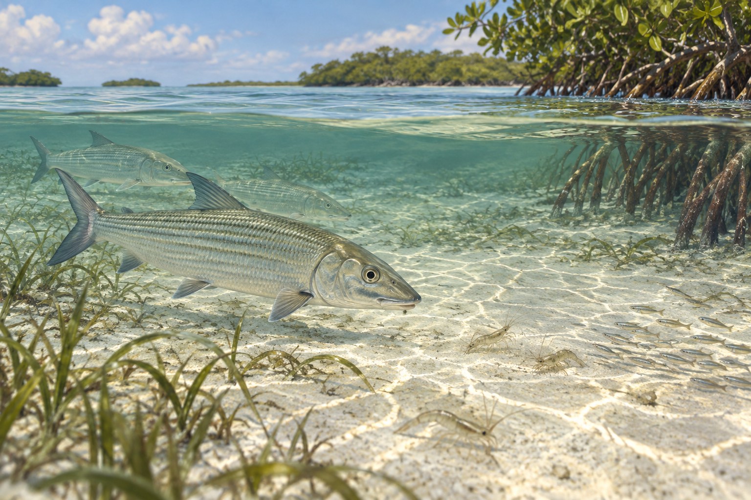 Habitat illustration showing coastal fish approaching a shallow Keys sand bank