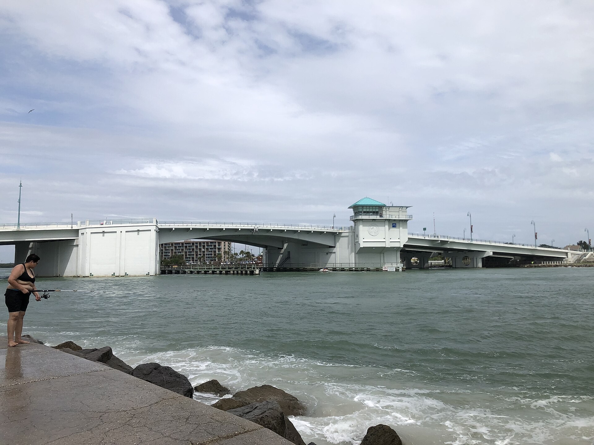 Johns Pass Bridge and tidal water at Madeira Beach in June 2020
