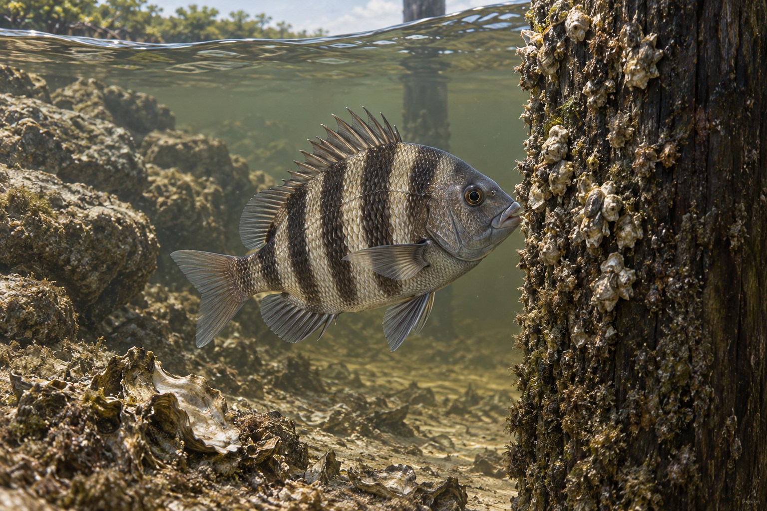 Illustration of a sheepshead searching shell-covered river pilings