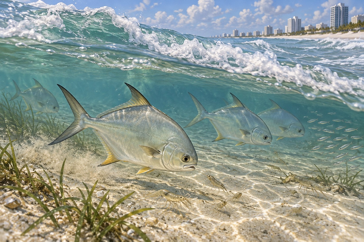 Habitat illustration showing Florida pompano moving below clean foamy surf near Miami