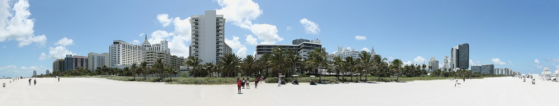 Panoramic Miami Beach sand with coastal hotels