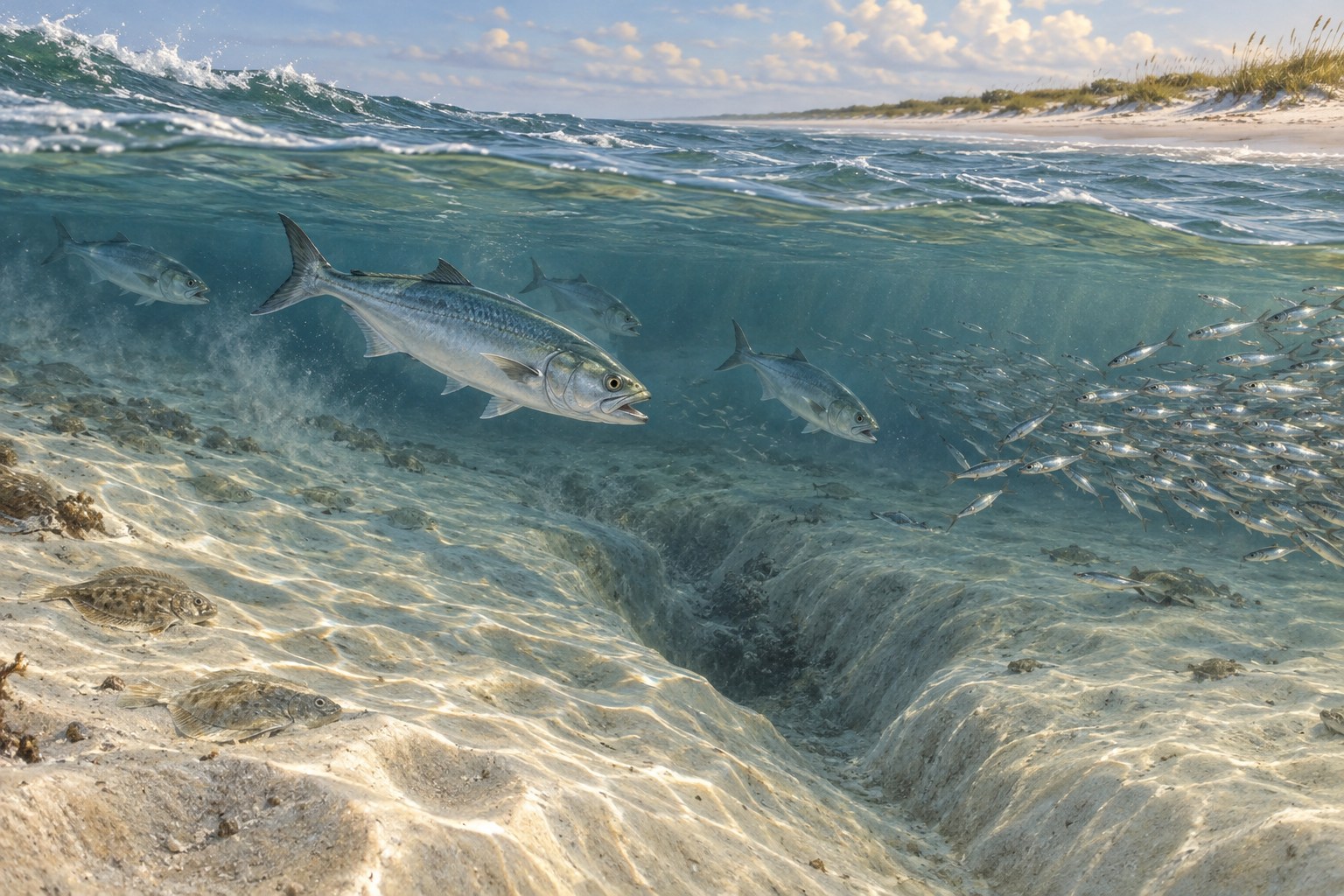 Habitat illustration showing bluefish above a deep sand gutter