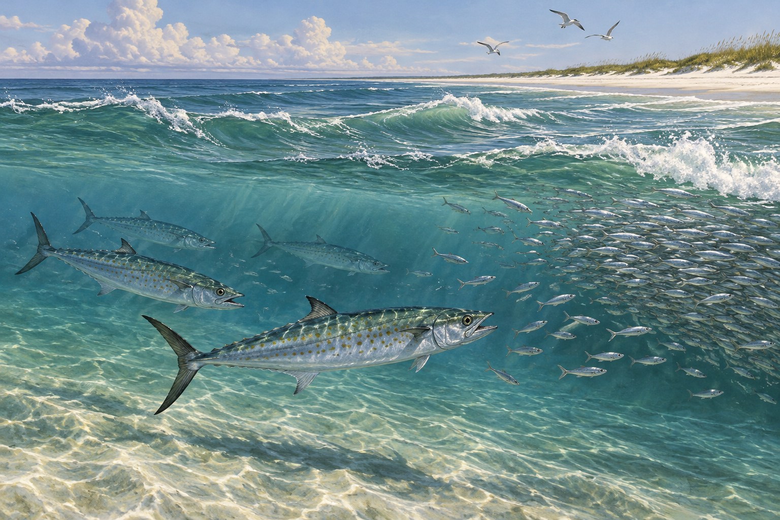 Habitat illustration showing Spanish mackerel following baitfish beyond a sandy surf bar