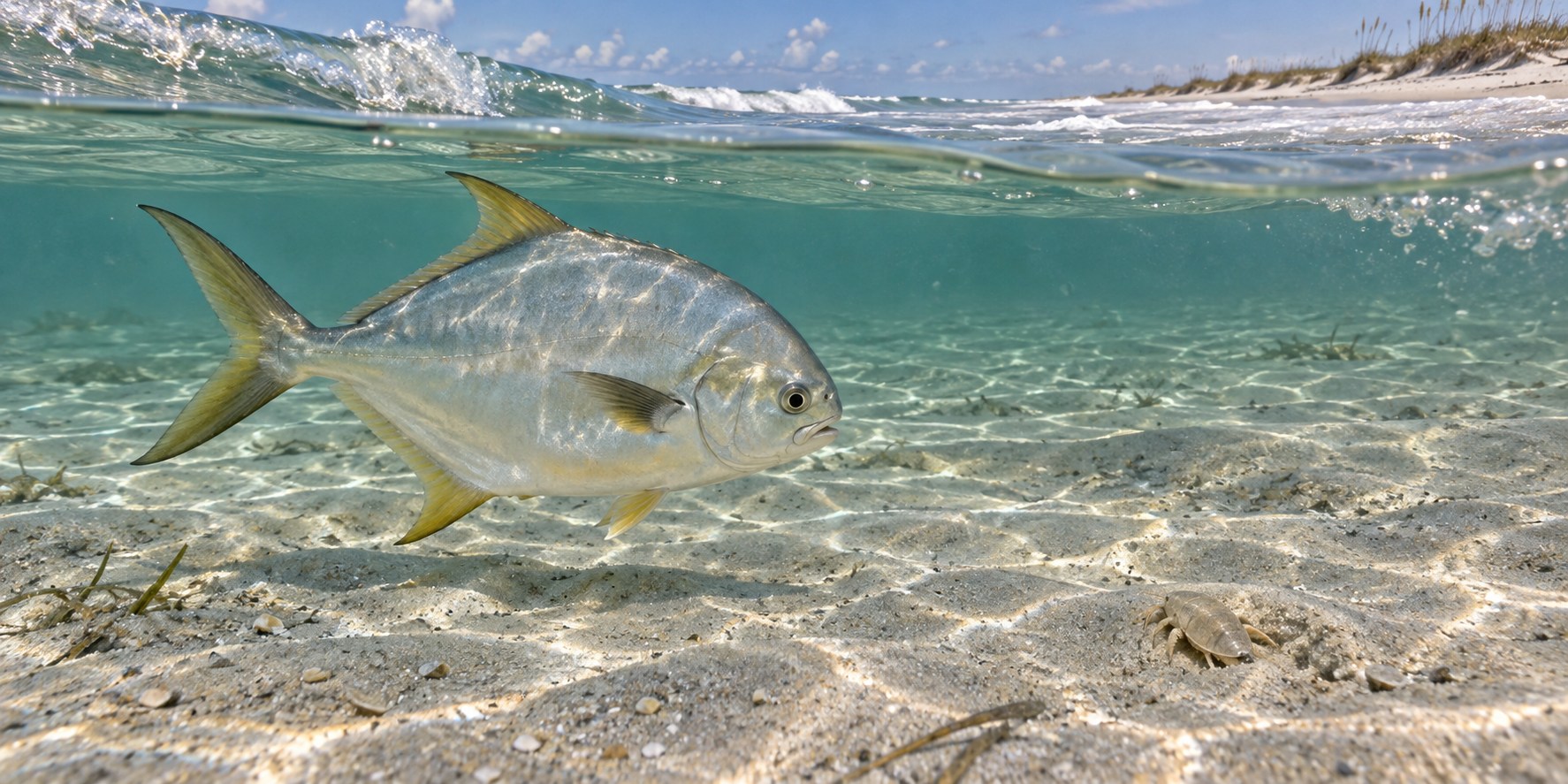 Illustration of a Florida pompano feeding along a sandy beach lane