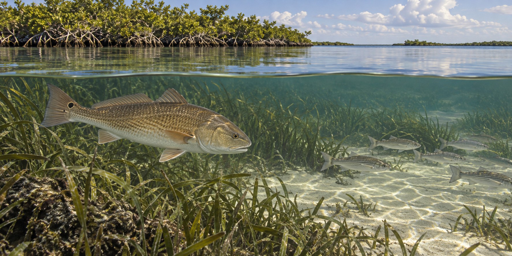 Illustration of a redfish moving along a shallow grass edge