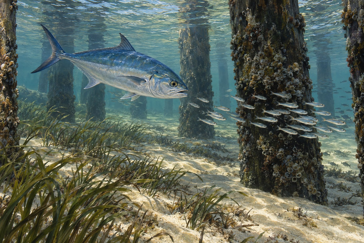 Habitat illustration showing blue runner following minnows below pier pilings