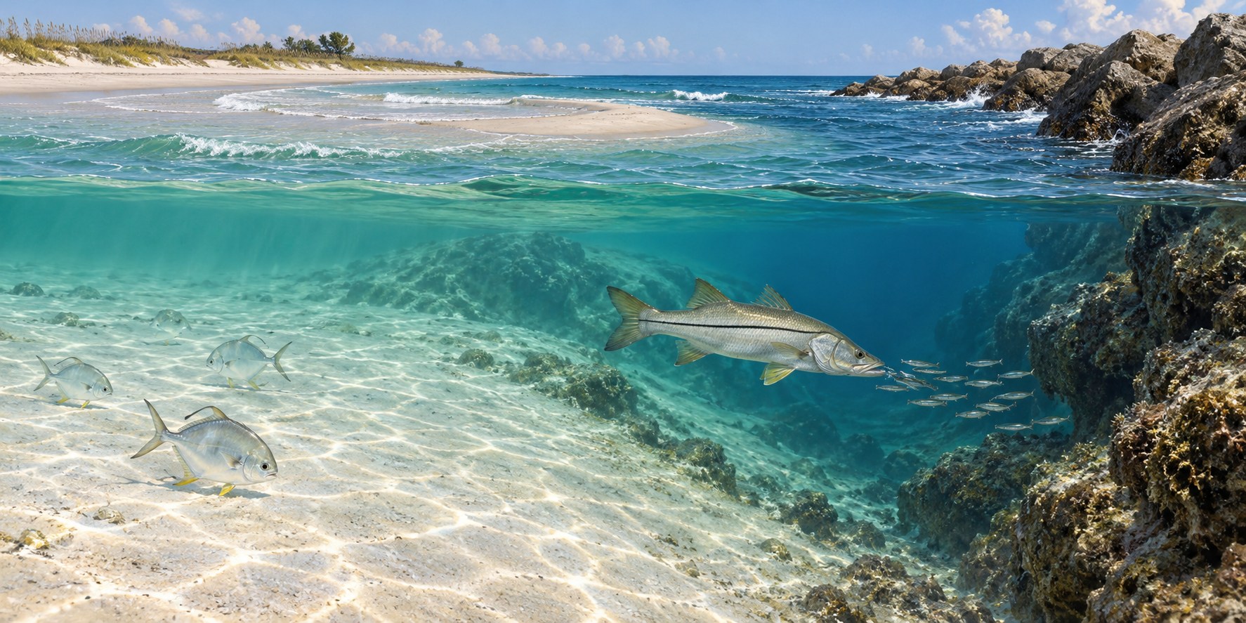 Habitat illustration of a snook beside a rocky tidal inlet and pompano over a sandy beach trough