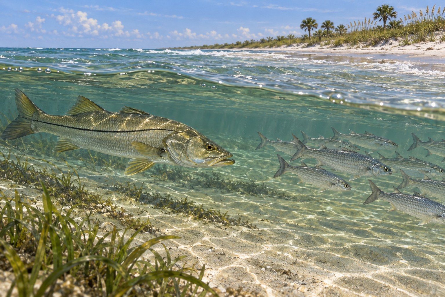 Habitat illustration showing a snook following mullet beside a quiet sandy coastal edge