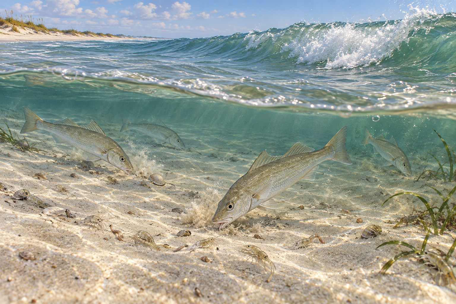 Habitat illustration showing whiting feeding on a sandy inner trough beneath a gentle breaking wave