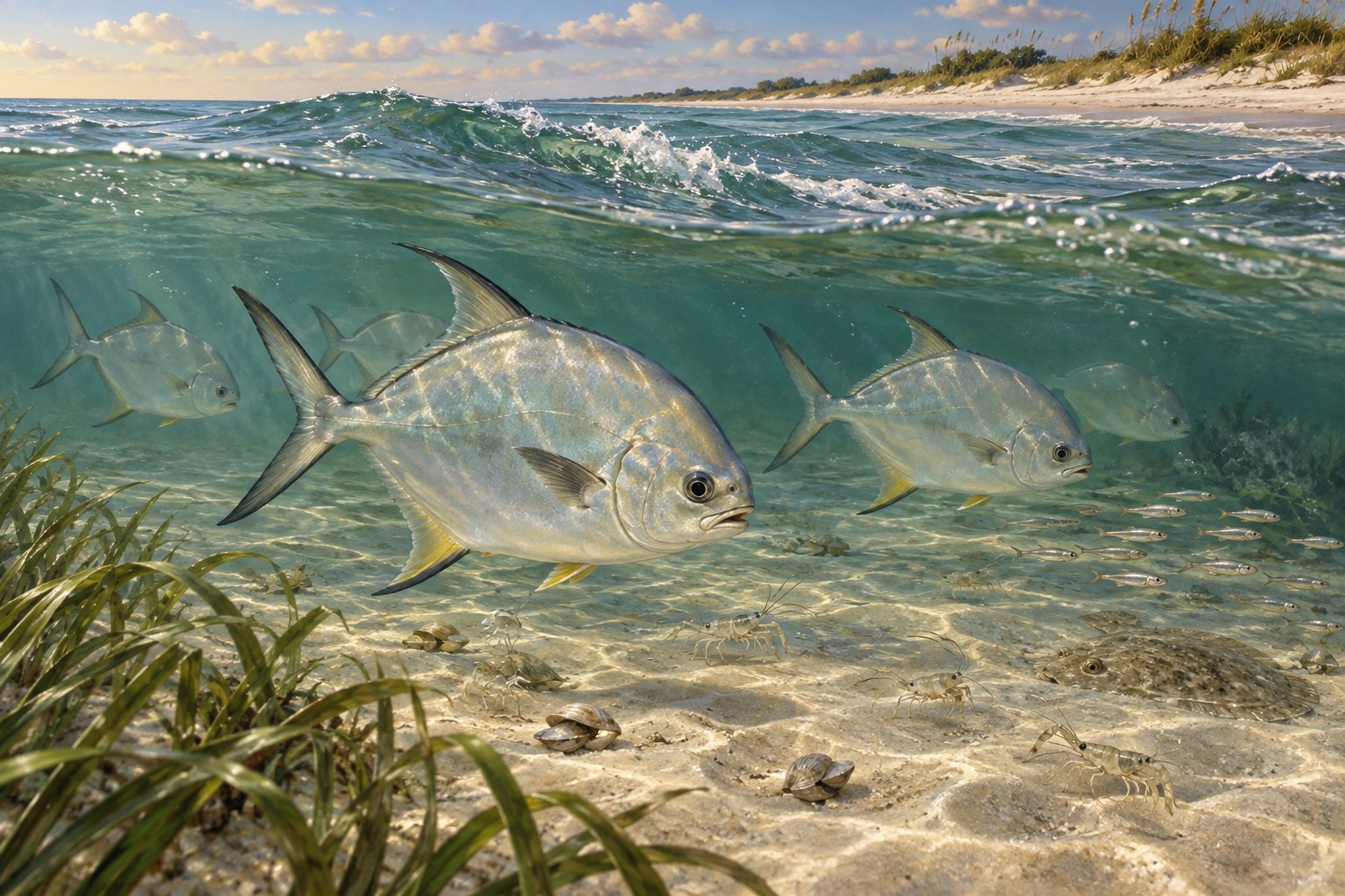 Habitat illustration showing coastal fish traveling beneath gentle Gulf waves