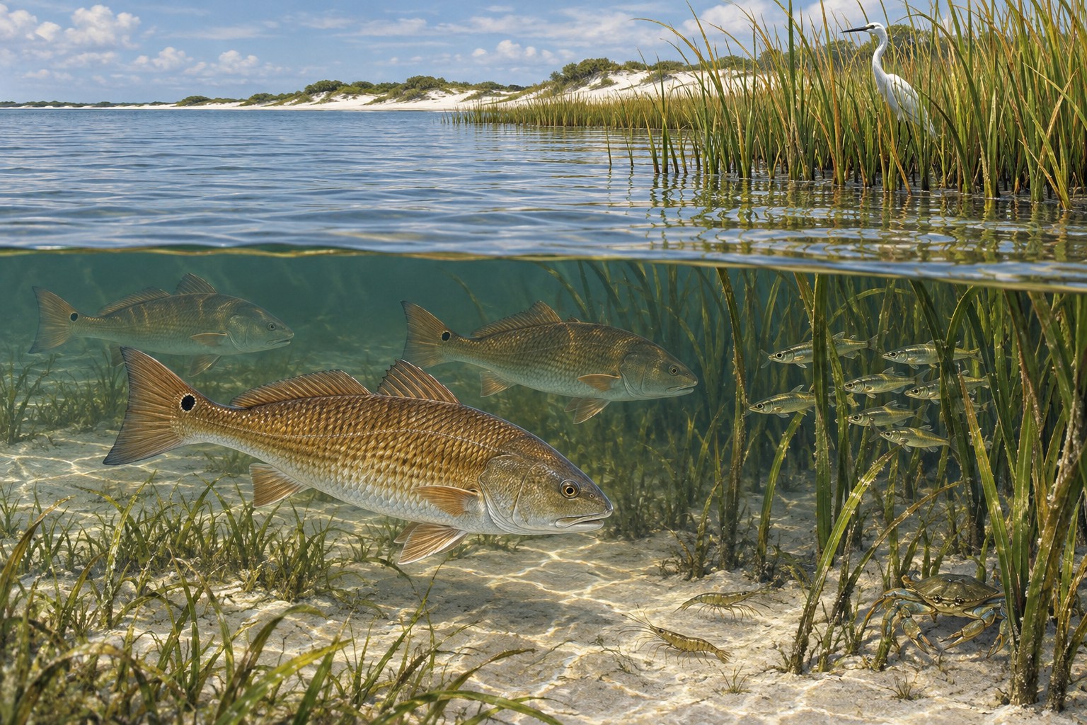 Habitat illustration showing redfish cruising beside a sheltered sound grass edge