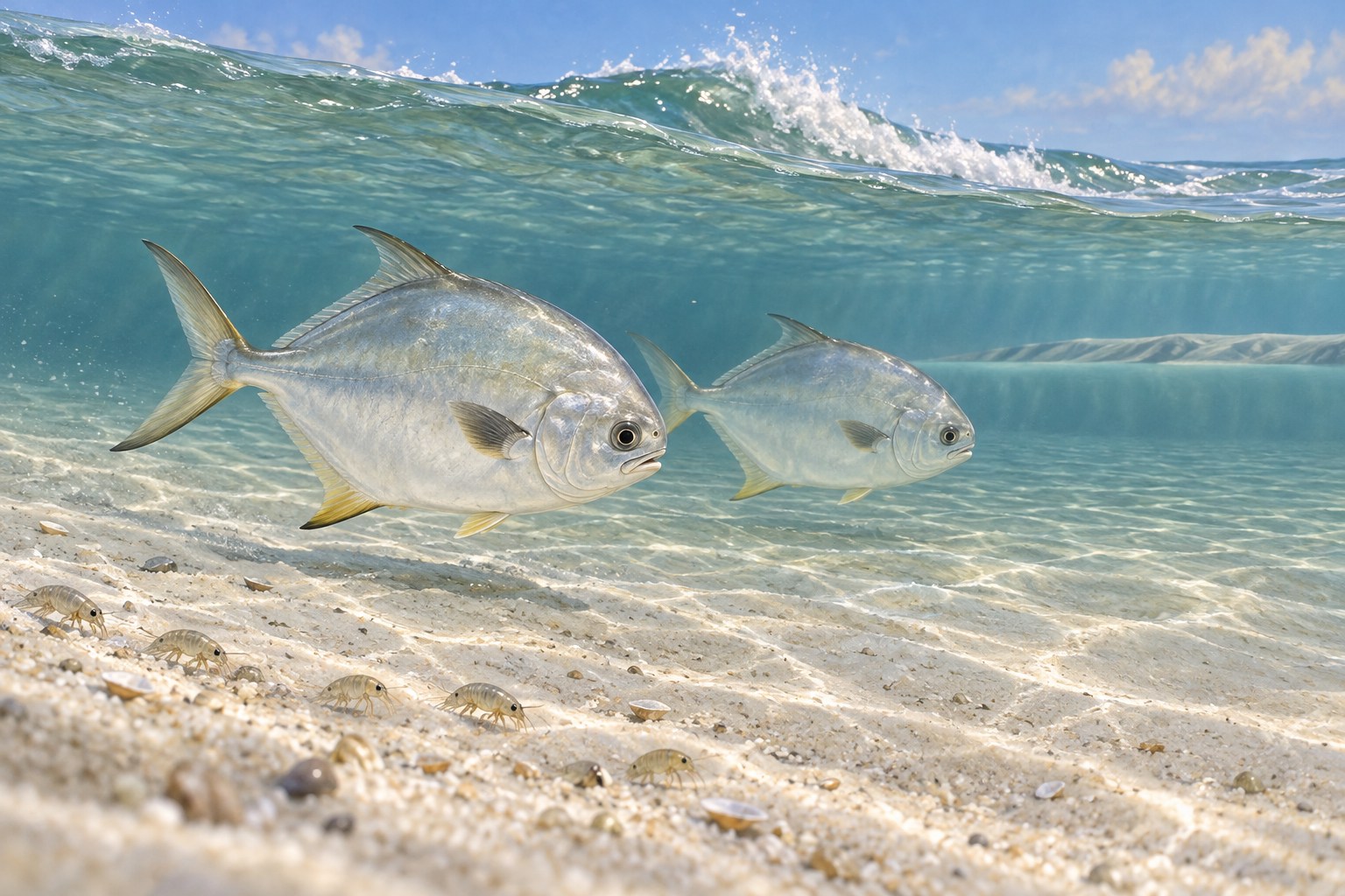 Habitat illustration of Florida coastal fish crossing sandy bottom beneath Gulf shorebreak