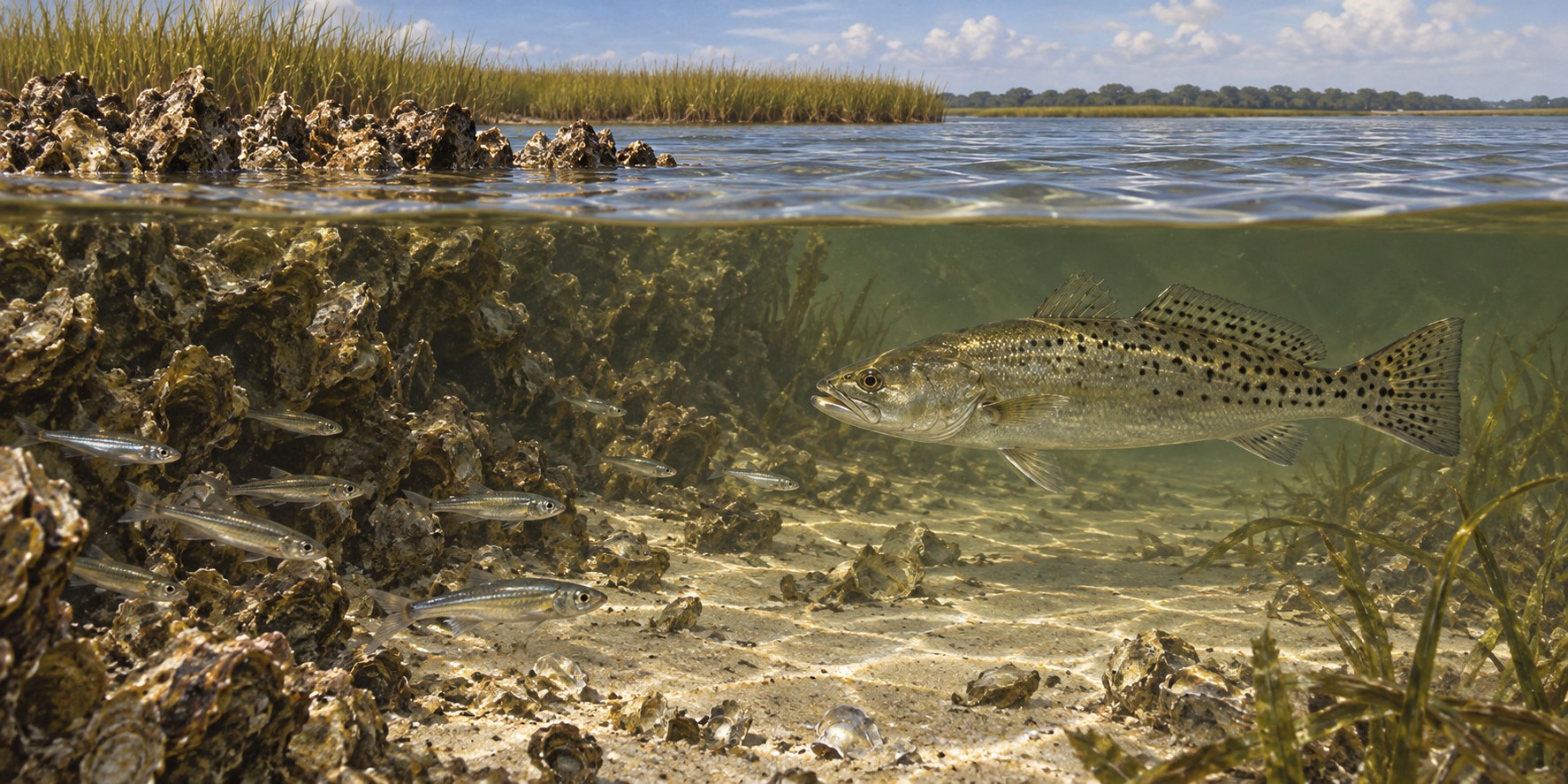 Illustration of a spotted seatrout holding beside a marsh edge and open water
