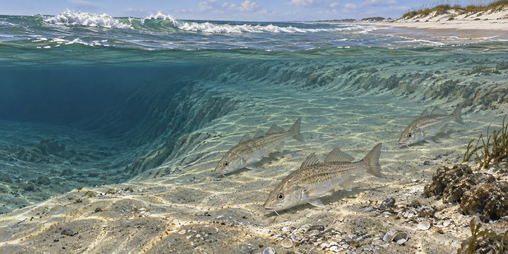 Illustration of whiting feeding along a sandy trough near the beach