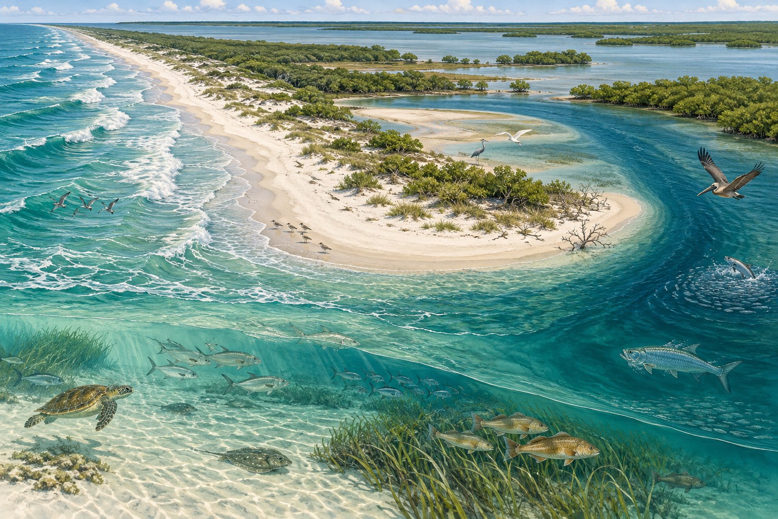 Habitat illustration of a barrier island point between Gulf beach, tidal pass and protected bay water