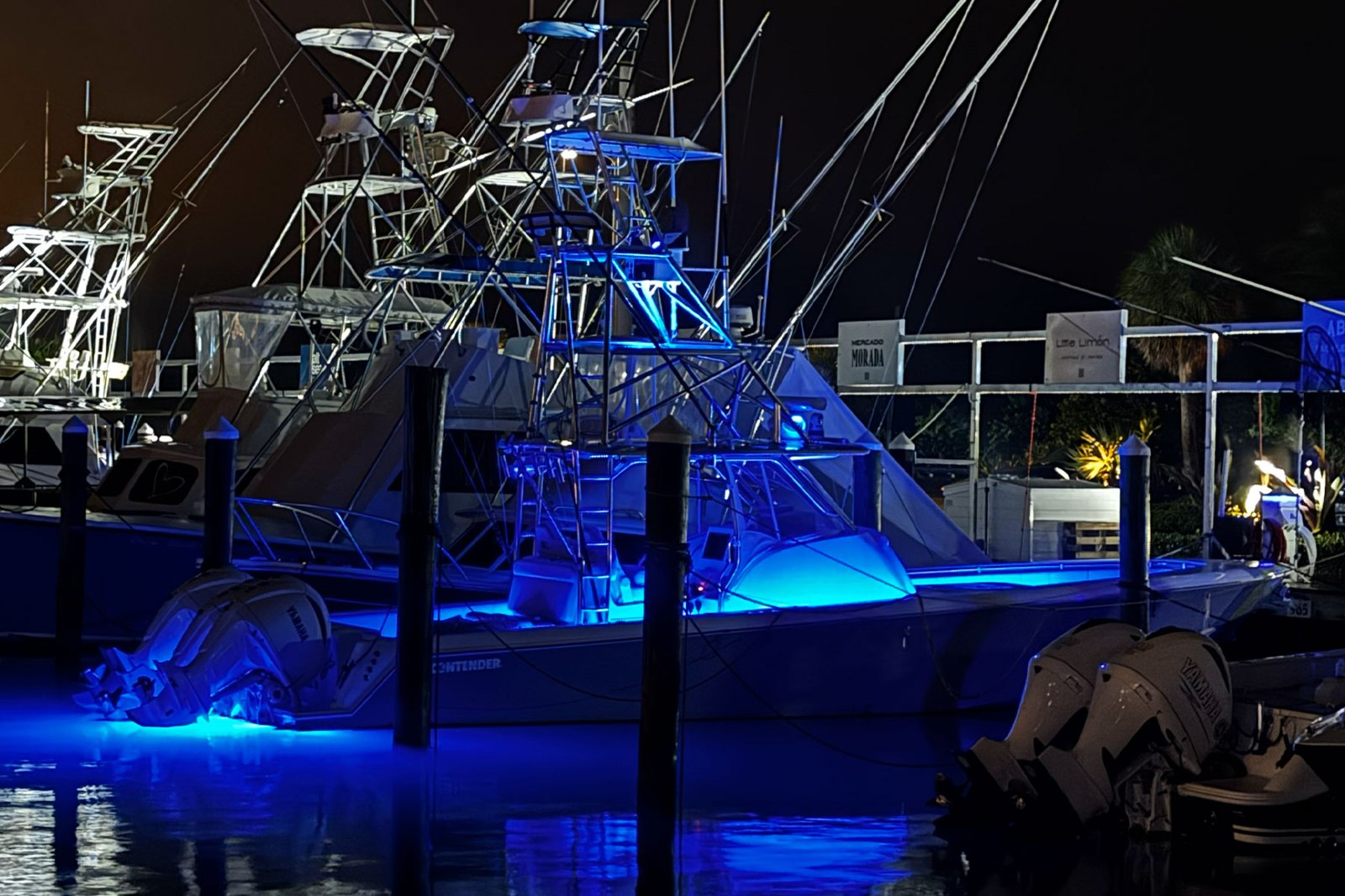 Pelagic Raptors fishing boat illuminated at its marina slip at night