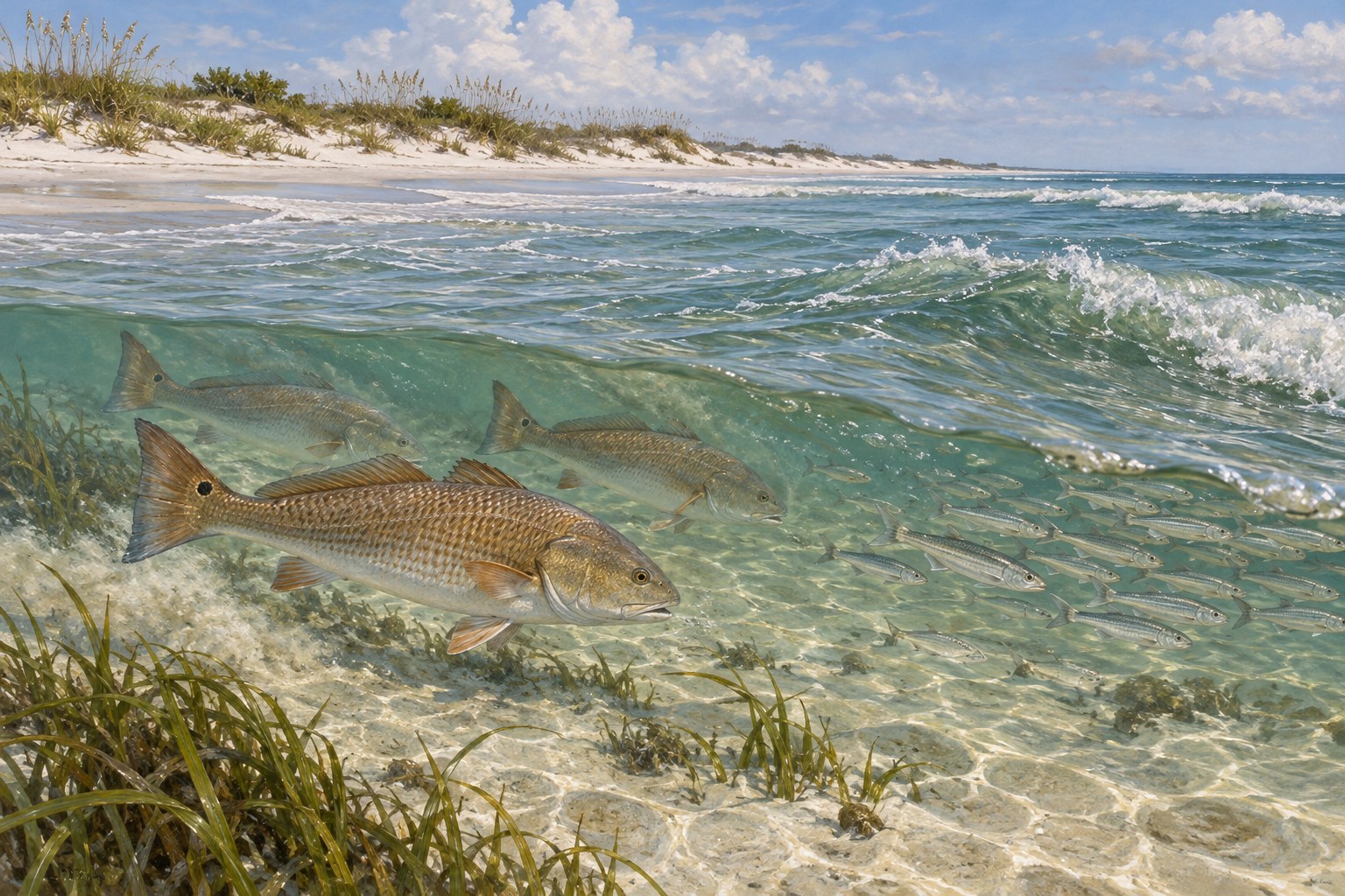 Habitat illustration showing redfish following small mullet on a Gulf beach