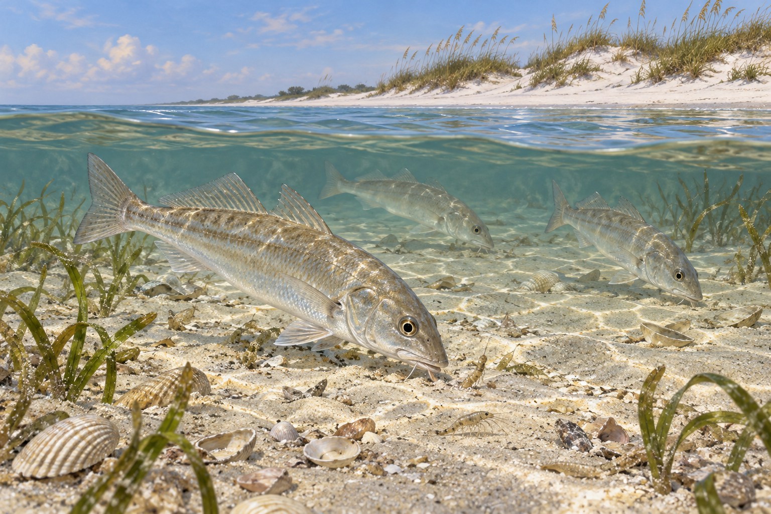 Habitat illustration showing whiting searching sand between shell fragments