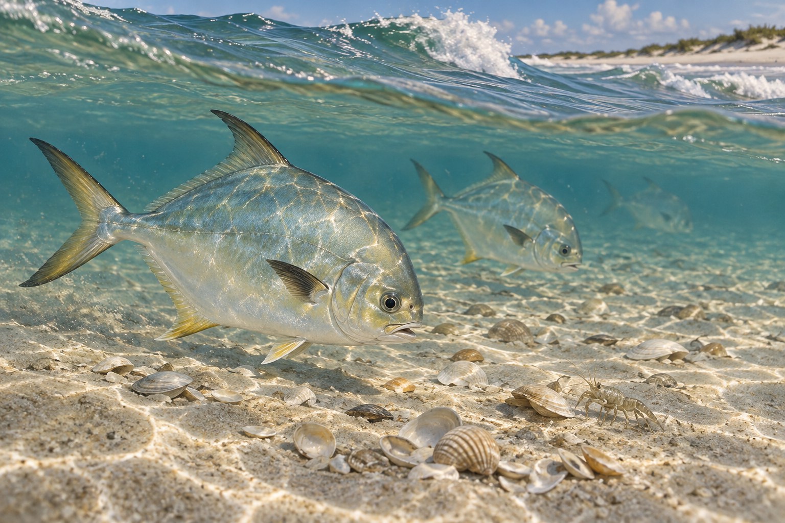 Habitat illustration of a coastal fish searching for small prey above sandy surf bottom