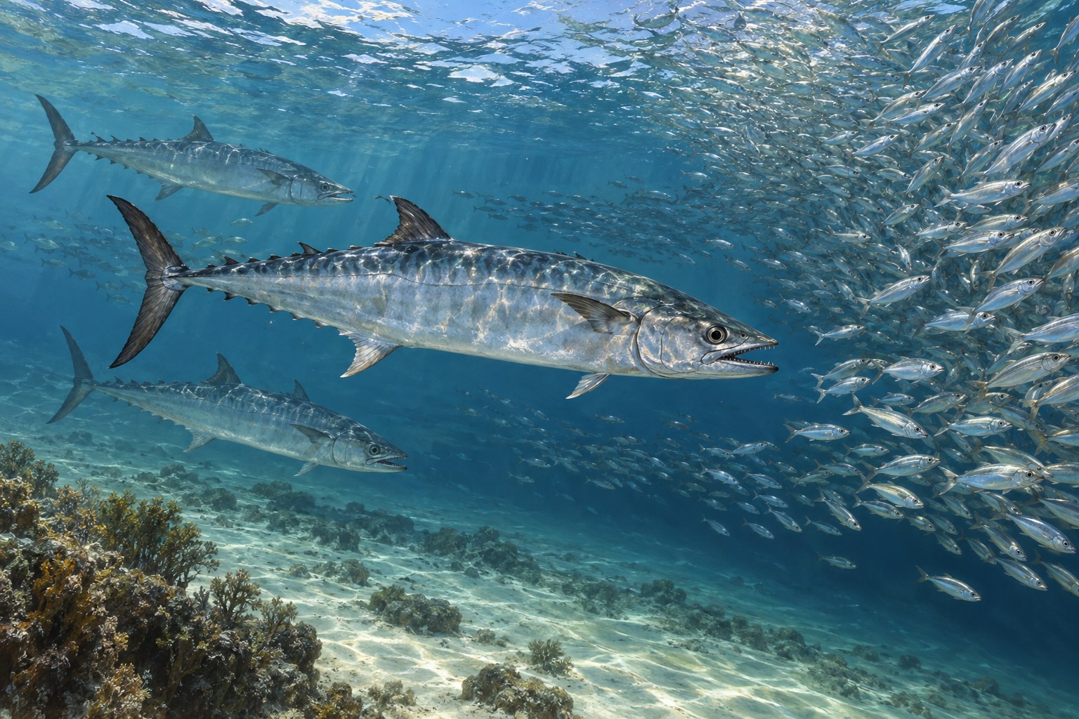 Habitat illustration showing king mackerel with smooth silver flanks cruising around offshore baitfish, no golden spots