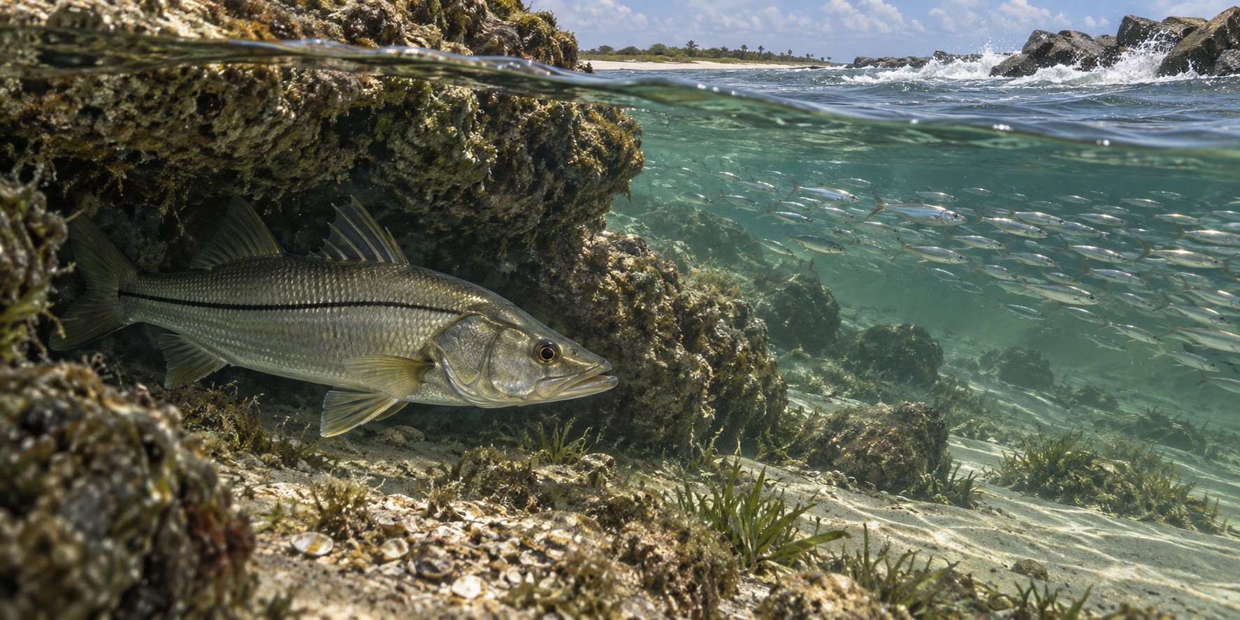 Illustration of a snook holding near inlet rocks beside moving water