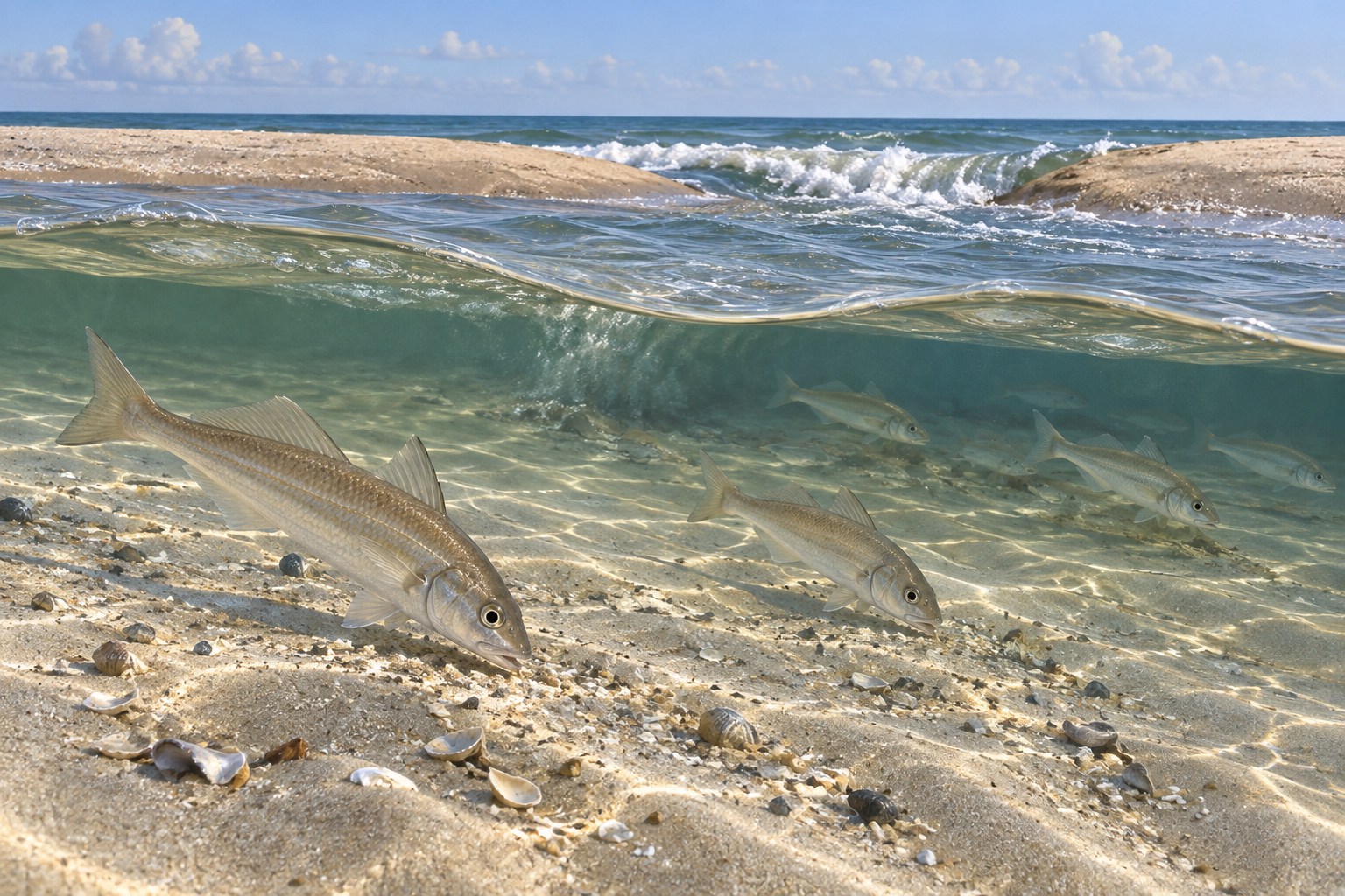 Illustration of whiting feeding near a break in a sandy surf bar