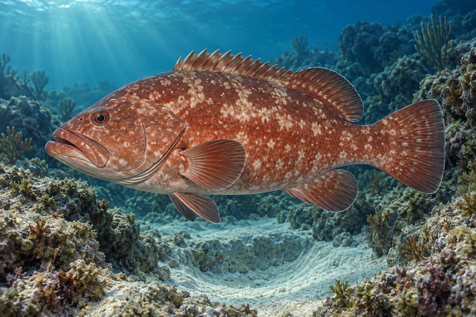 Red Grouper shown in side profile underwater