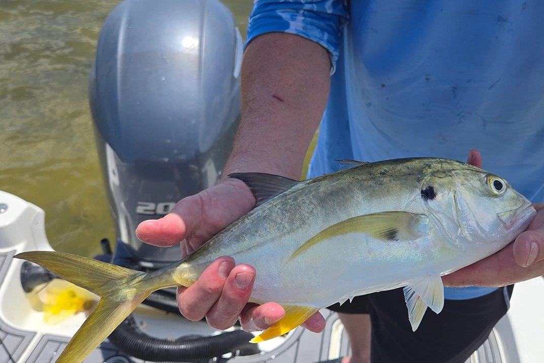 Reel Fintastic Charters guest holding a jack crevalle