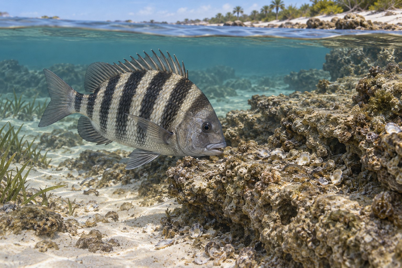 Illustration of a sheepshead feeding beside coquina rock in shallow coastal water