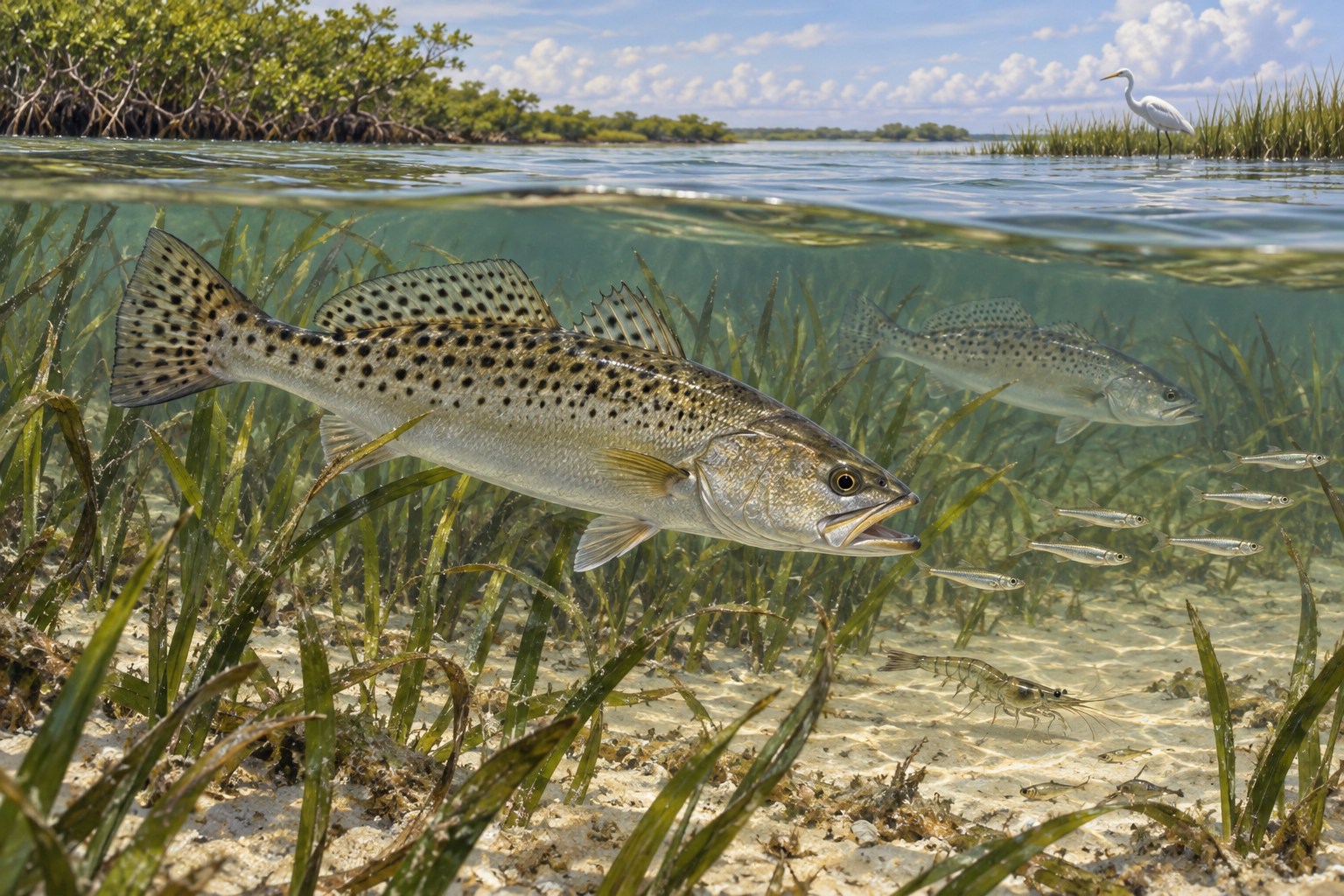 Habitat illustration showing spotted seatrout beside sparse bay grass