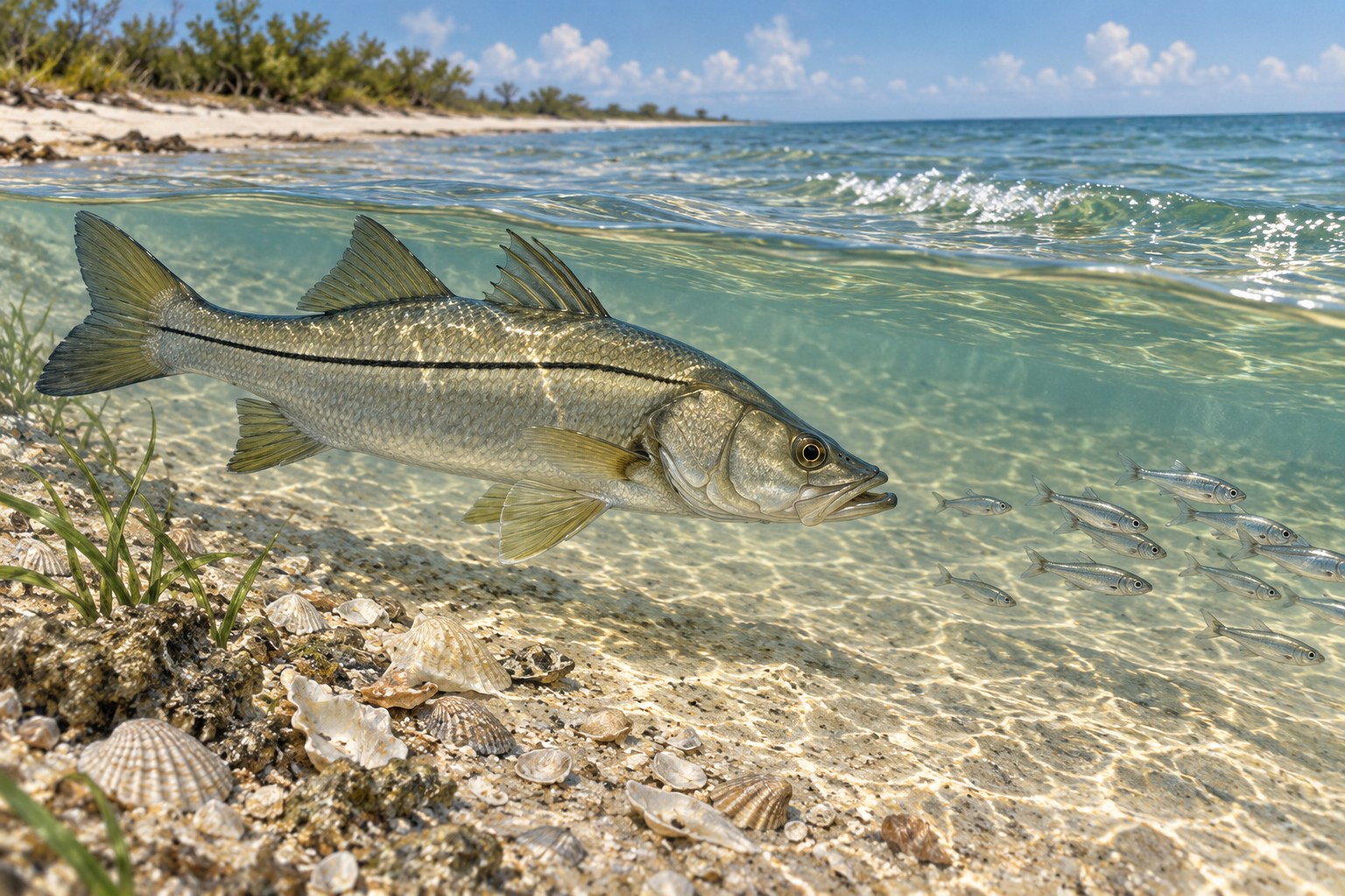 Habitat illustration of a snook hunting beside shells in shallow Gulf beach water