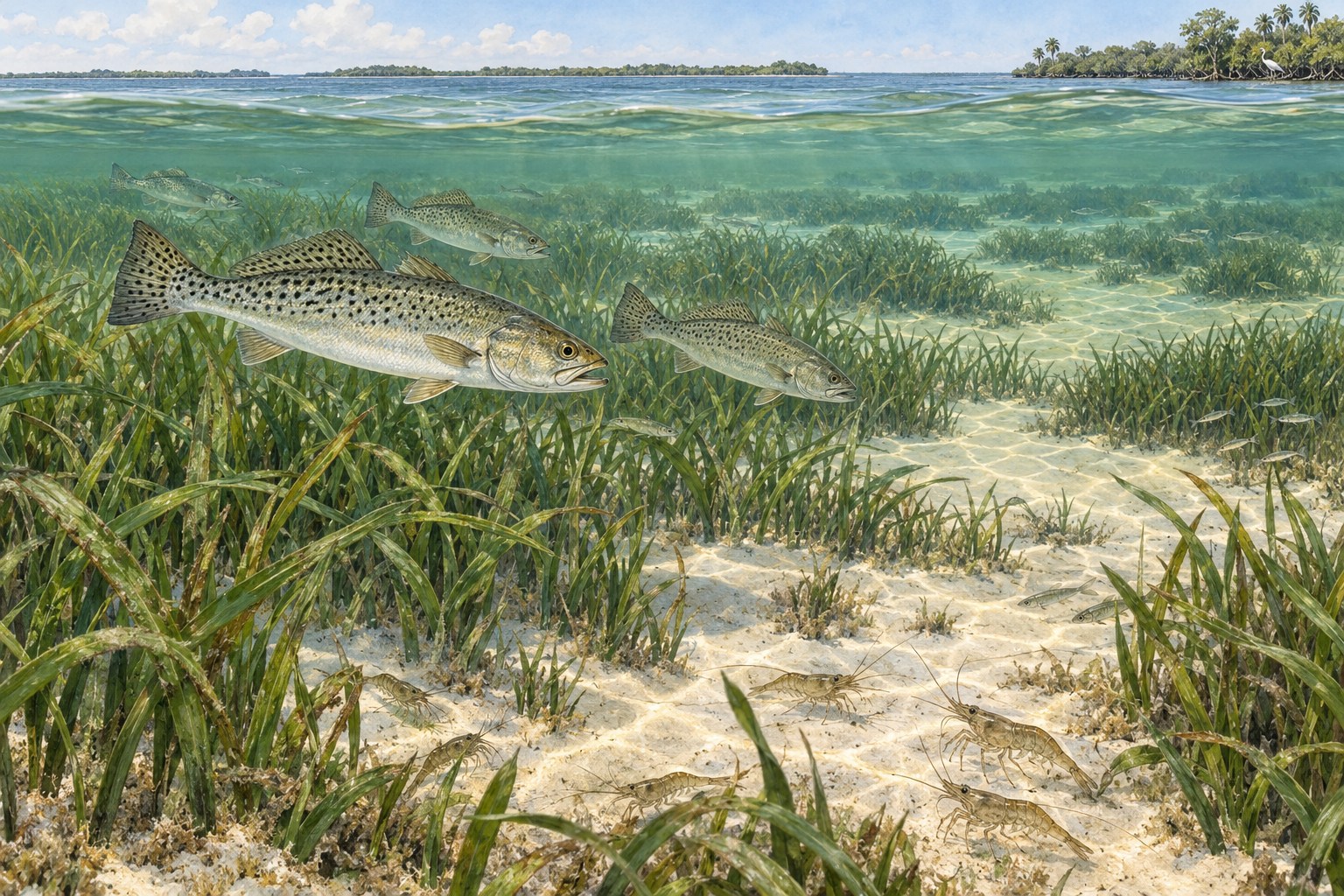 Habitat illustration of spotted seatrout over a Sarasota Bay-style grass meadow and sand pockets